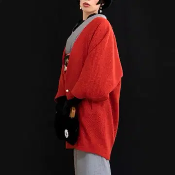 사쿠 연구소 빨간색 울 혼방 니트 겉옷