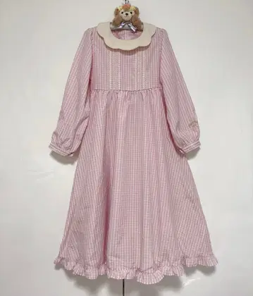 시마무라 아오키 미사코 마론 크림 원피스 핑크 체크 무늬