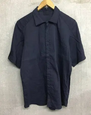 야마우치 18s46 린넨 혼방 고급 비익 반팔 셔츠 네이비