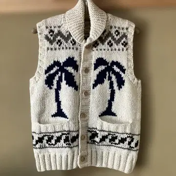 손뜨개질 울 야자수+플라밍고 카우친풍 베스트 화이트/M 사이즈