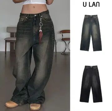 U LAN 다크 그레이 와이드 레그 데님