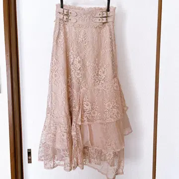 ROJITA 전체 레이스 아지메 티어드 롱 스커트 핑크 베이지