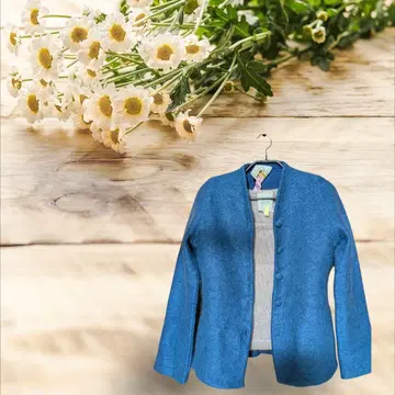 시빌라 가디건 (M) 블루 울 100% 싸개 단추 & 스웨터 베이지