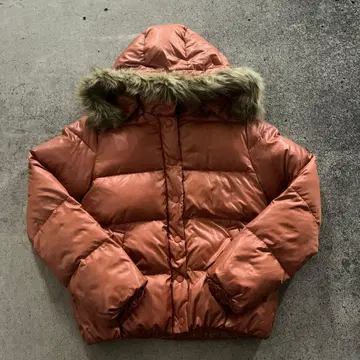 다크 오렌지 퍼 다운 자켓 y2k 헤이세이 갸루 쇼트 기장