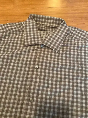 60s 빈티지 샤크 칼라 브라운 체크 반팔 셔츠 깅엄