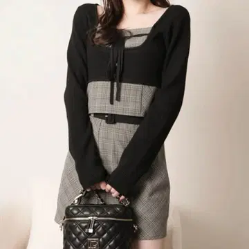 코르셋 체크 상의 이너 숏 팬츠 포함 체크 스커트 블랙