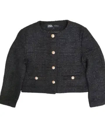 ZARA 메탈릭 텍스처 트위드 노카라 자켓 M