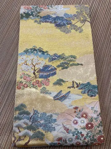 기모노 자연 풍경 후쿠로 오비 벚꽃 소나무 배 산 육통 금실