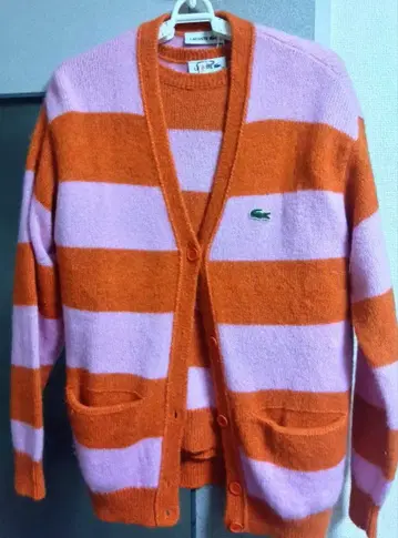 라코스테 오렌지 핑크 스트라이프 가디건 스웨터