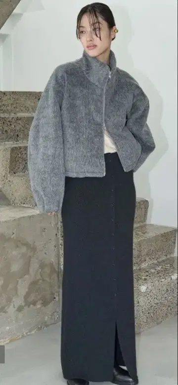 스탠드넥 샤기 숏 블루종