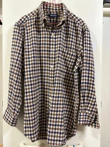 아쿠아 스큐텀 체크 무늬 긴팔 셔츠 버튼 다운 브라운 계열 울