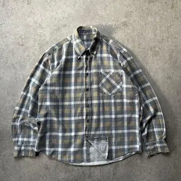 80s90s 프린트 플란넬 셔츠 L 네이비 x 골드 페이드