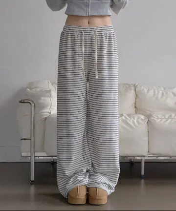 바이컬러 보더 스트라이프 타월 원단 허리밴딩 팬츠