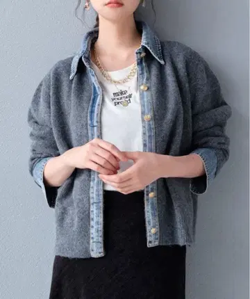 [ 새상품,미사용 ] 데님 카라 부착 울 혼방 가디건