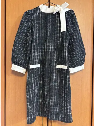 택 포함 트위드 리본 포함 미니 원피스
