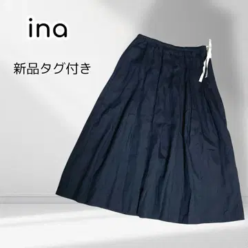 택 포함 새상품 ina 린넨 100% 롱 플리츠 스커트 허리밴딩 일본제