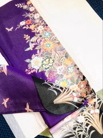후리소데 보라색 꽃무늬&나비무늬 (라메 믹스)