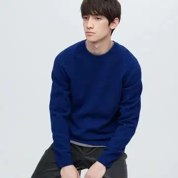 유니클로 프리미엄 라무 크루넥 스웨터 니트 로얄 블루 파랑