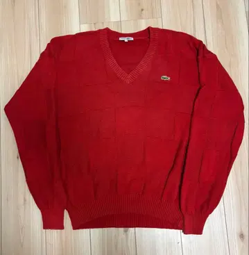 80년대 LACOSTE 체크 무늬 레드 니트 스웨터