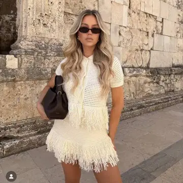 ZARA 체크 무늬 니트 프린지 스커트 S 에크루 자라