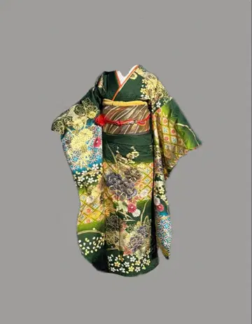 후리소데 풀세트 순수 실크 녹색 금색 그린