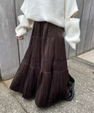 페이크 스웨이드 티어드 롱 스커트 CRB