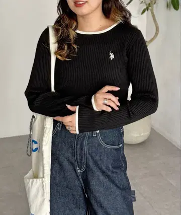 택 포함 새상품 U.S.POLO ASSN. 크루 넥 리브 니트 블랙 F