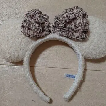 미키 귀 머리띠 체크 무늬 리본