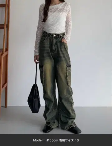 사이드 개더 데님 카고 팬츠