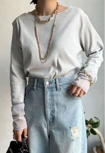 doudou 소매 시어 리브 TEE 라이트 그레이