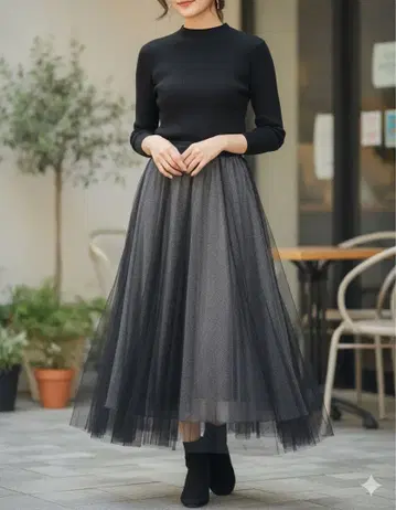 택 포함 새상품 릴리안캐럿 튤 레이스 플레어 블랙 스커트 M