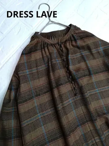 DRESS LAVE 브라운 체크 무늬 원피스 울 개더 절개