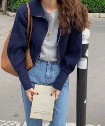 SONA 니트 집업 가디건 네이비