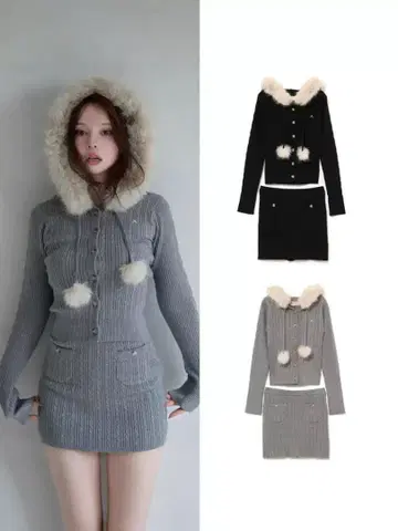 [ 당일 발송 ] andmary 그레이 후드 부착 니트 셋업