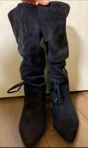 젤리빈스 블랙 스웨이드 부츠 구김 리본 L 사이즈 24