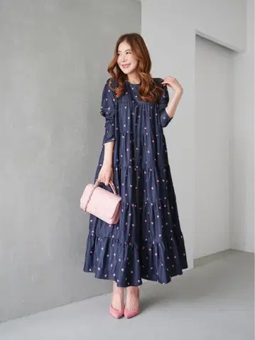 OBLI 데님 하트 자수 티어드 원피스 0