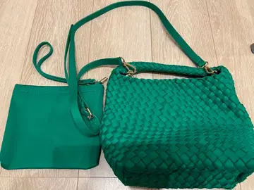 그린 뜨개질 숄더백과 파우치 세트