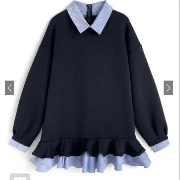 GRL 스트라이프 패턴 셔츠 레이어드 스타일 프릴 원피스 네이비 컬러