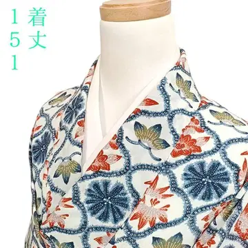 W95 기모노 이중 기모노 기장 151cm 화학 섬유 꽃 화이트 파랑