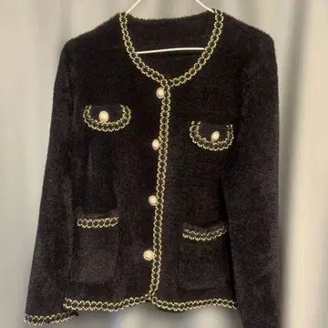 한국 스타일 트위드풍 노카라 자켓 펄 버튼 블랙 퍼 중국산