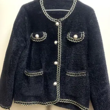 한국 스타일 트위드풍 노카라 자켓 펄 버튼 블랙 퍼 중국산