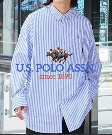 U.S. POLO ASSN. 긴팔 셔츠 M 블루 화이트 스트라이프