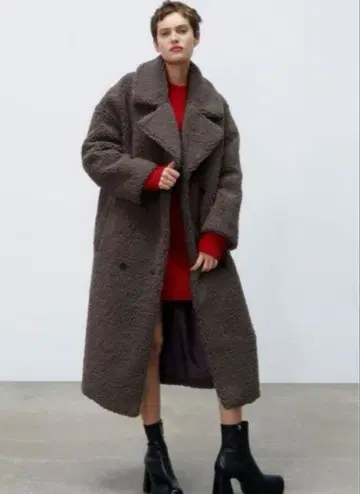 완판템 새상품급 ZARA 더블 브레스트 페이크 보아 테디베어 코트 보아