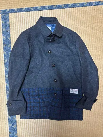 미츠미네 해리스 트위드 울 피 코트 그레이 체크