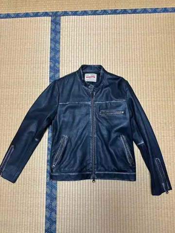 미츠미네 네이비 가죽 싱글 라이더 자켓