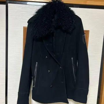 roar! 블랙 울 더블 브레스트 피 코트