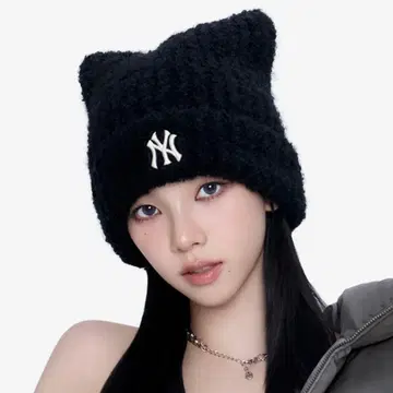 한국 MLB korea 고양이 귀 니트 모자 블랙