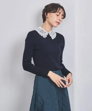 UNITED ARROWS 네이비 레이스 옷깃 스웨터