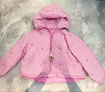 곰 버튼 핑크 체크 무늬 다운 자켓 후드 부착 프리 사이즈