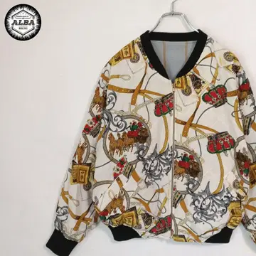 퀼팅 블루종 스카프 패턴 바로크 패턴 레트로 집업 화이트